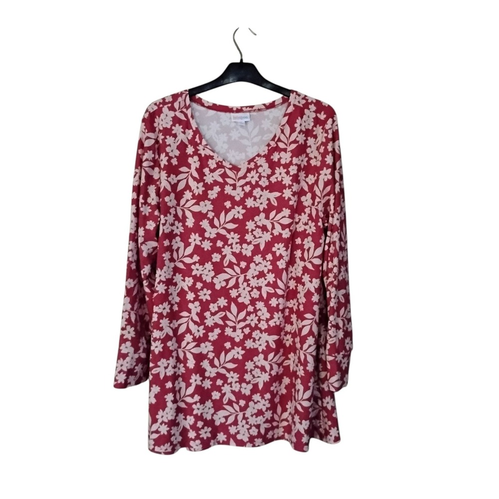 LuLaRoe Womens Large Red White Floral V-Neck Long Sleeve Tunic Top Blouse